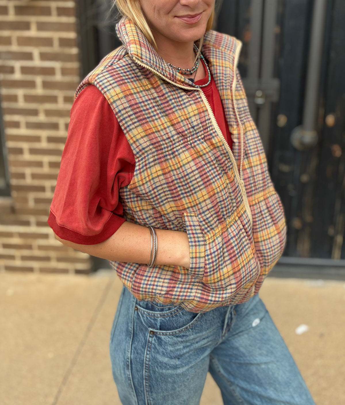 Coral Plaid Vest