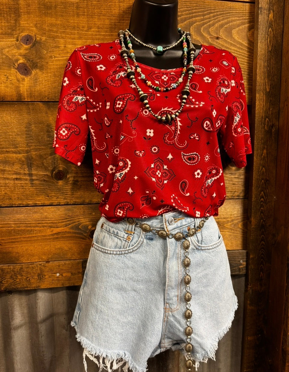 Short Sleeve Red Bandana Mesh Top
