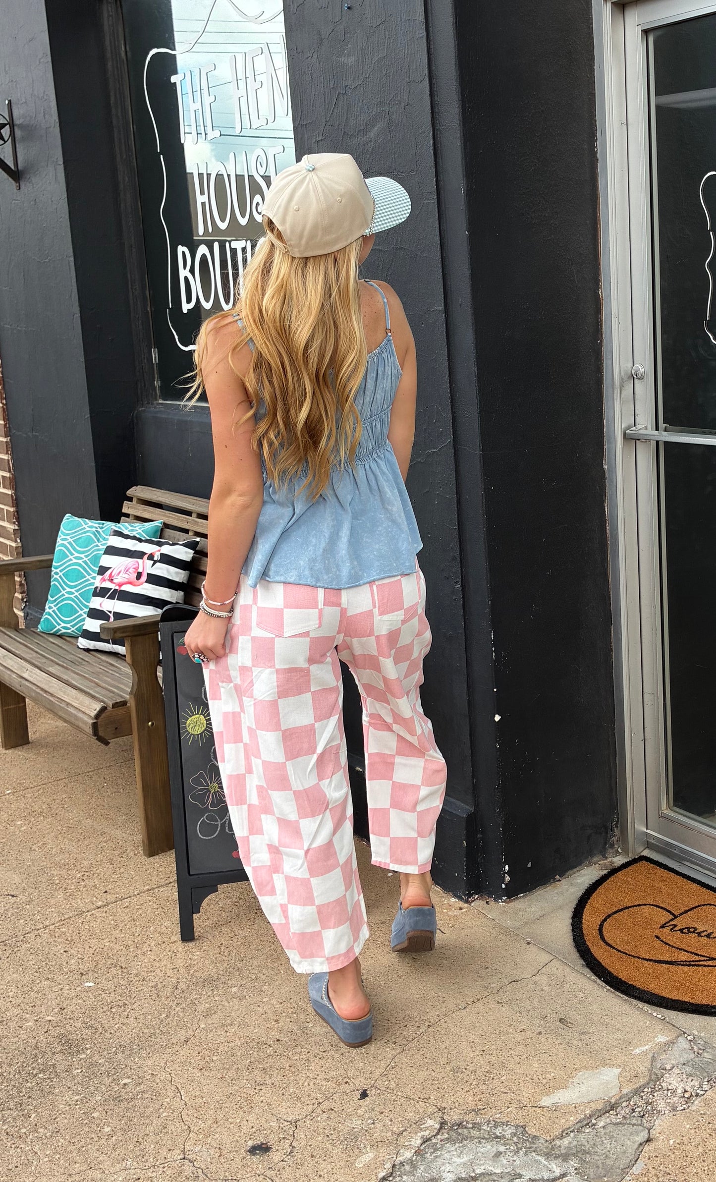 Pink and White Checkered Barrel Jeans