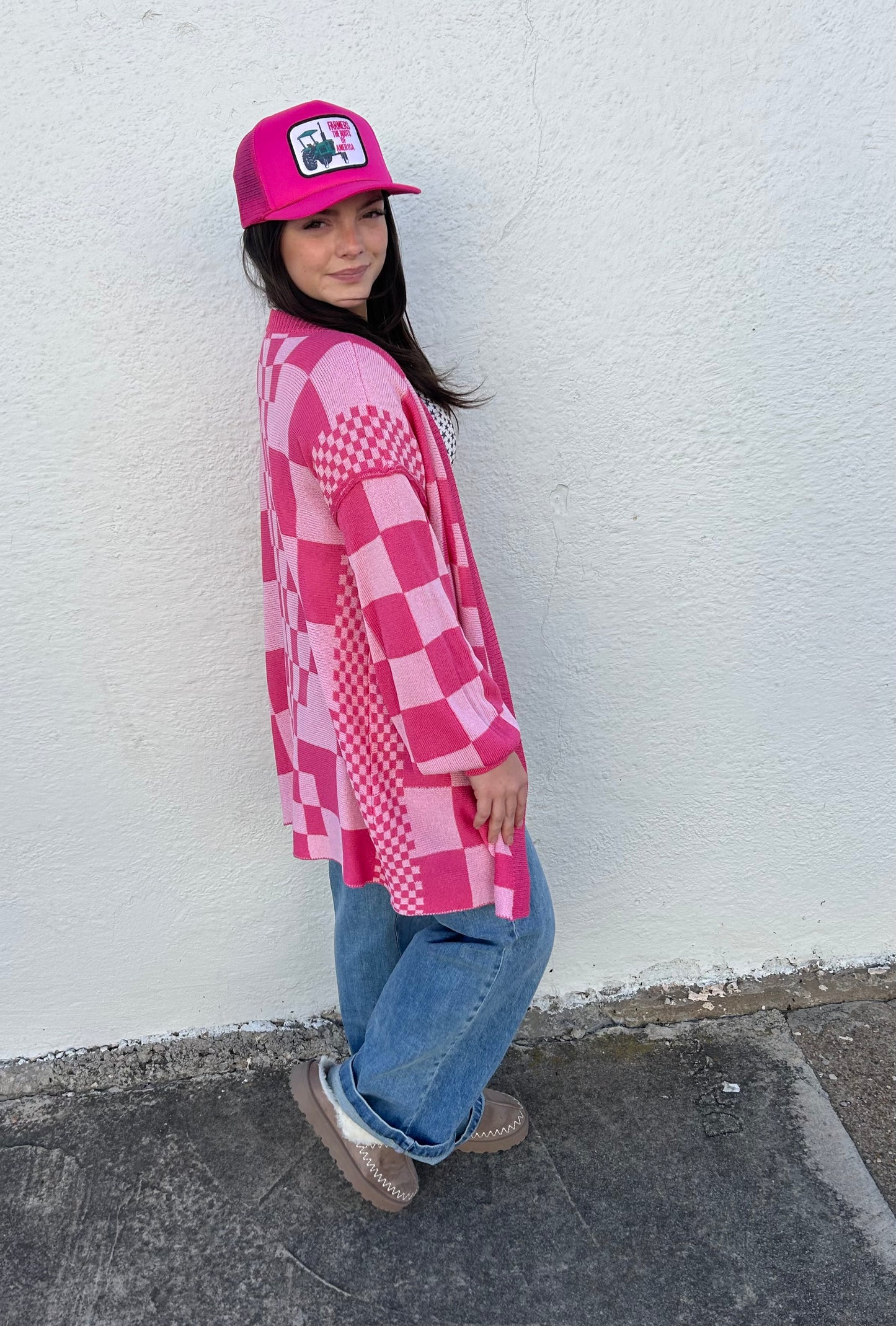 Pink Checkered Cardigan