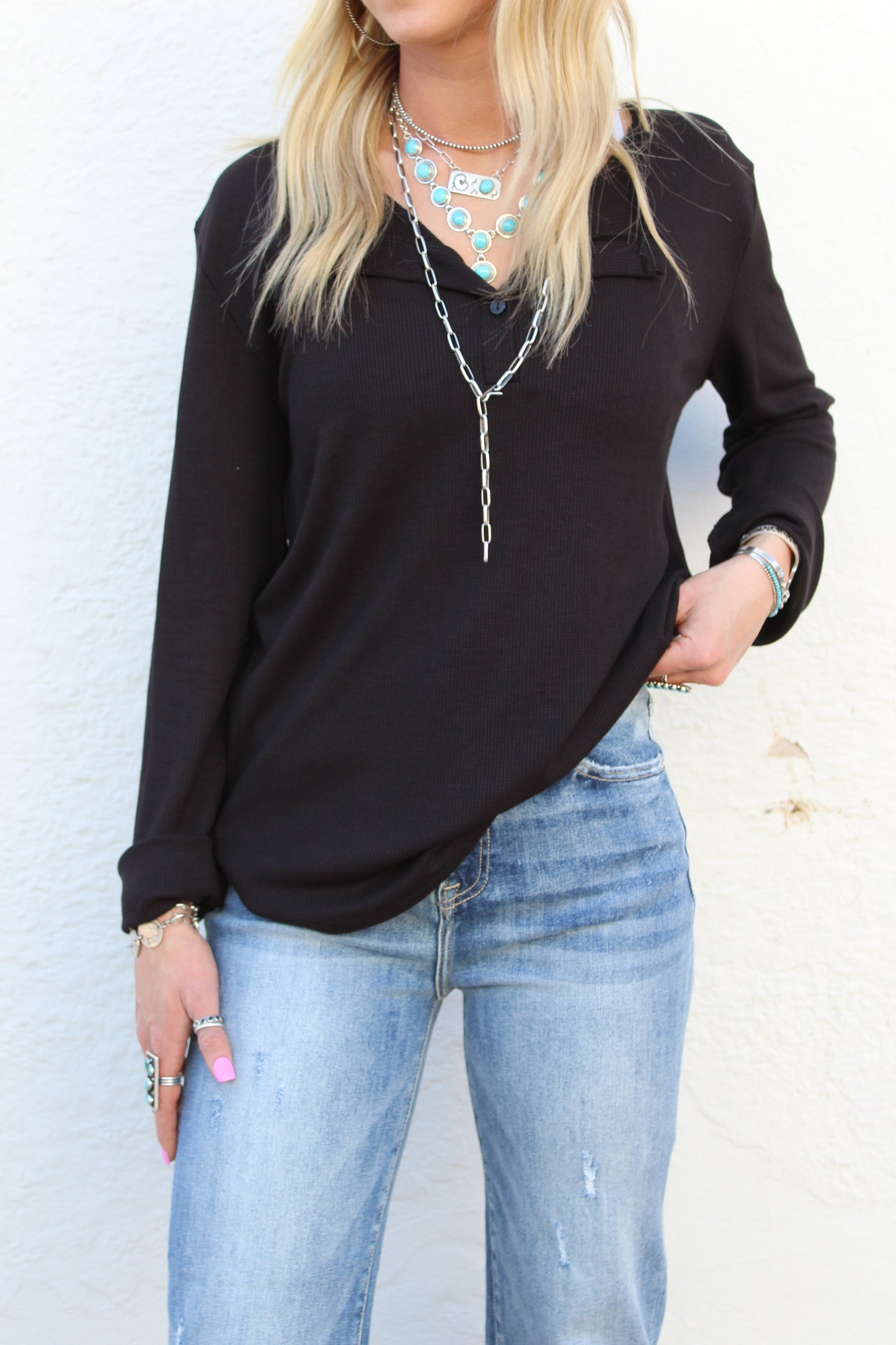 Black Thermal Long Sleeve Button Down