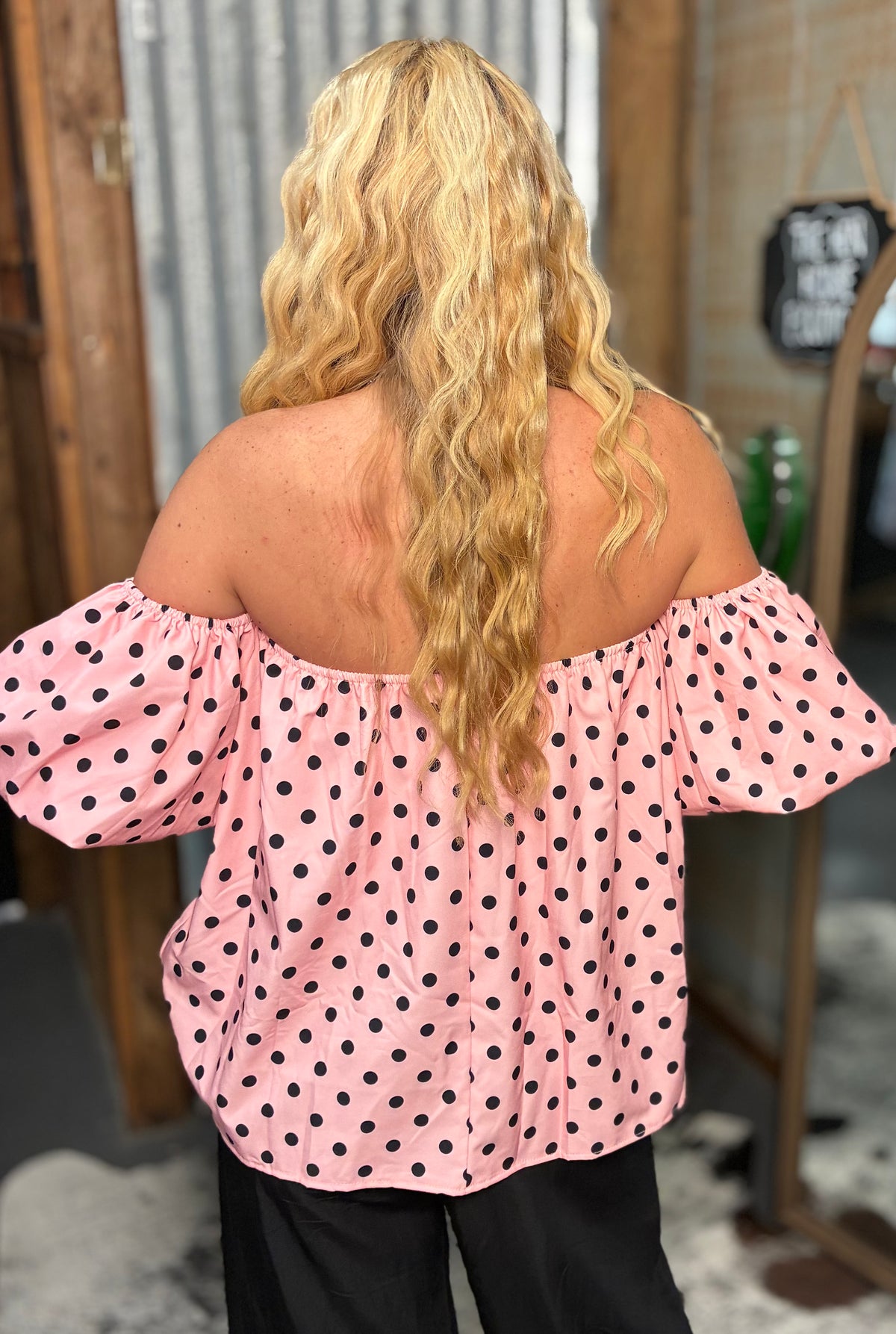 Off Shoulder Pink and Black Polka Dot Top
