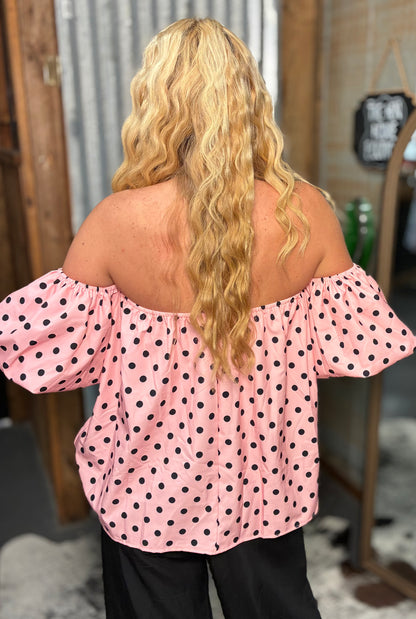 Off Shoulder Pink and Black Polka Dot Top