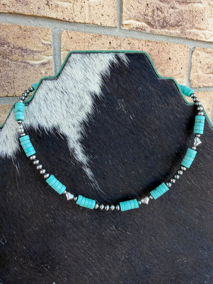 Choker - 3/4mm + 6mm Sterling Silver Hearts & 6mm Turquoise