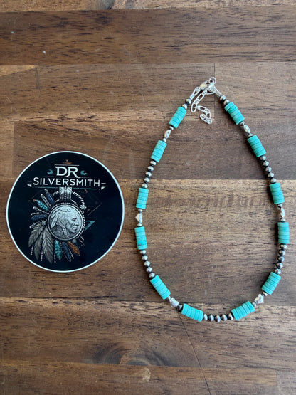 Choker - 3/4mm + 6mm Sterling Silver Hearts & 6mm Turquoise