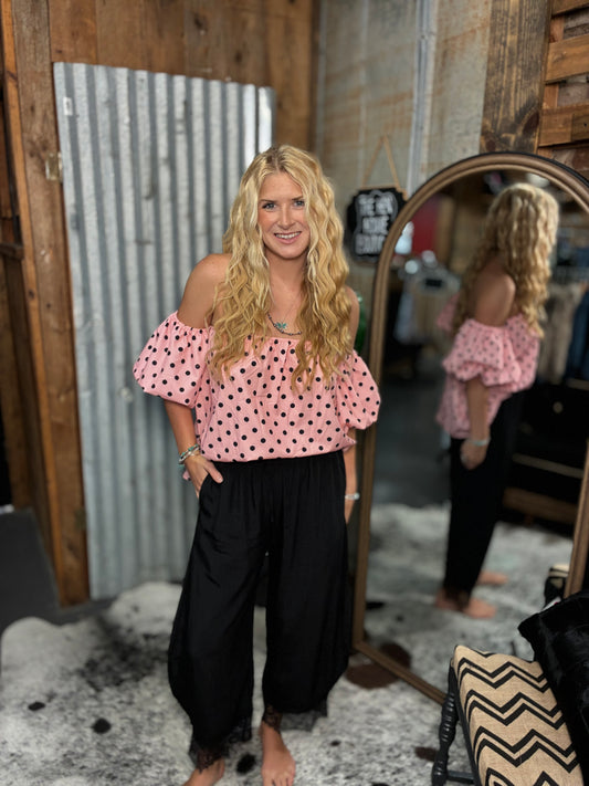 Off Shoulder Pink and Black Polka Dot Top