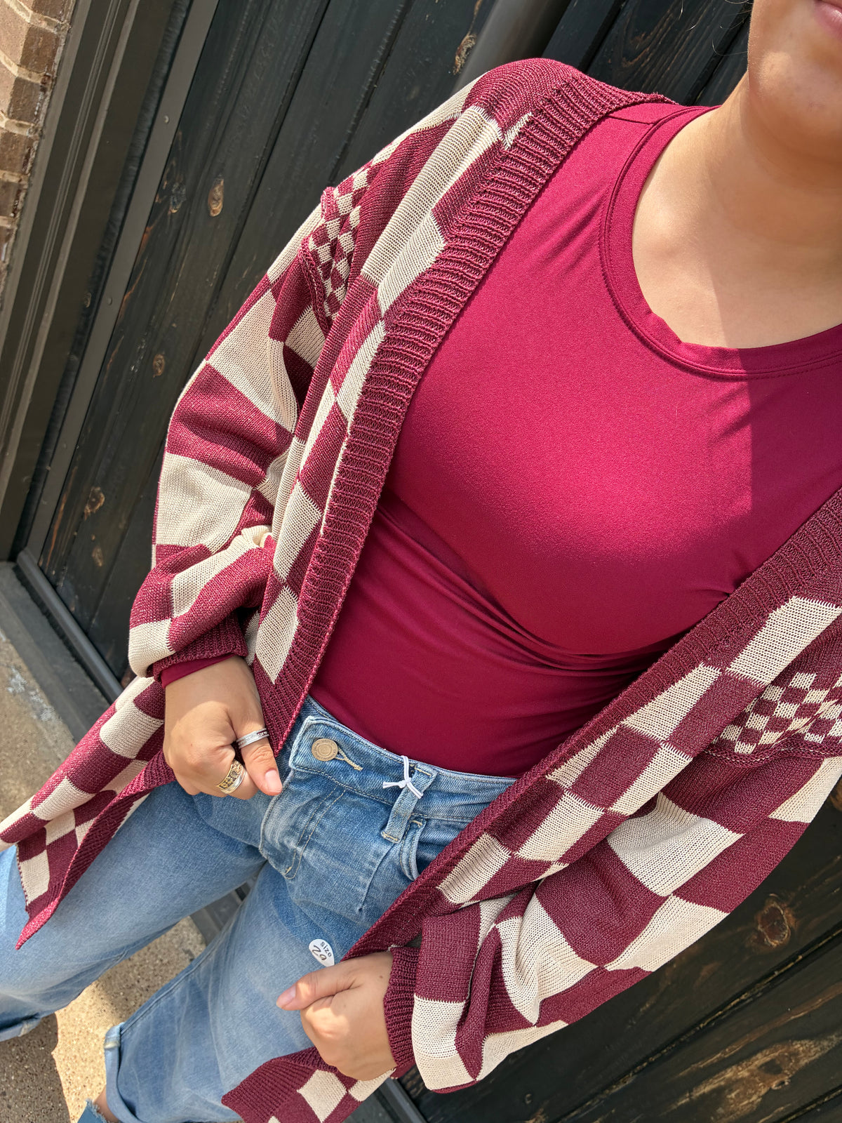 Maroon Checkered Cardigan