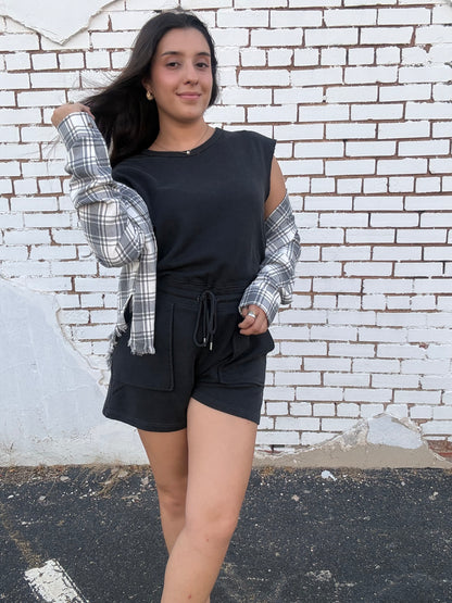 Charcoal Plaid Fringe Flannel