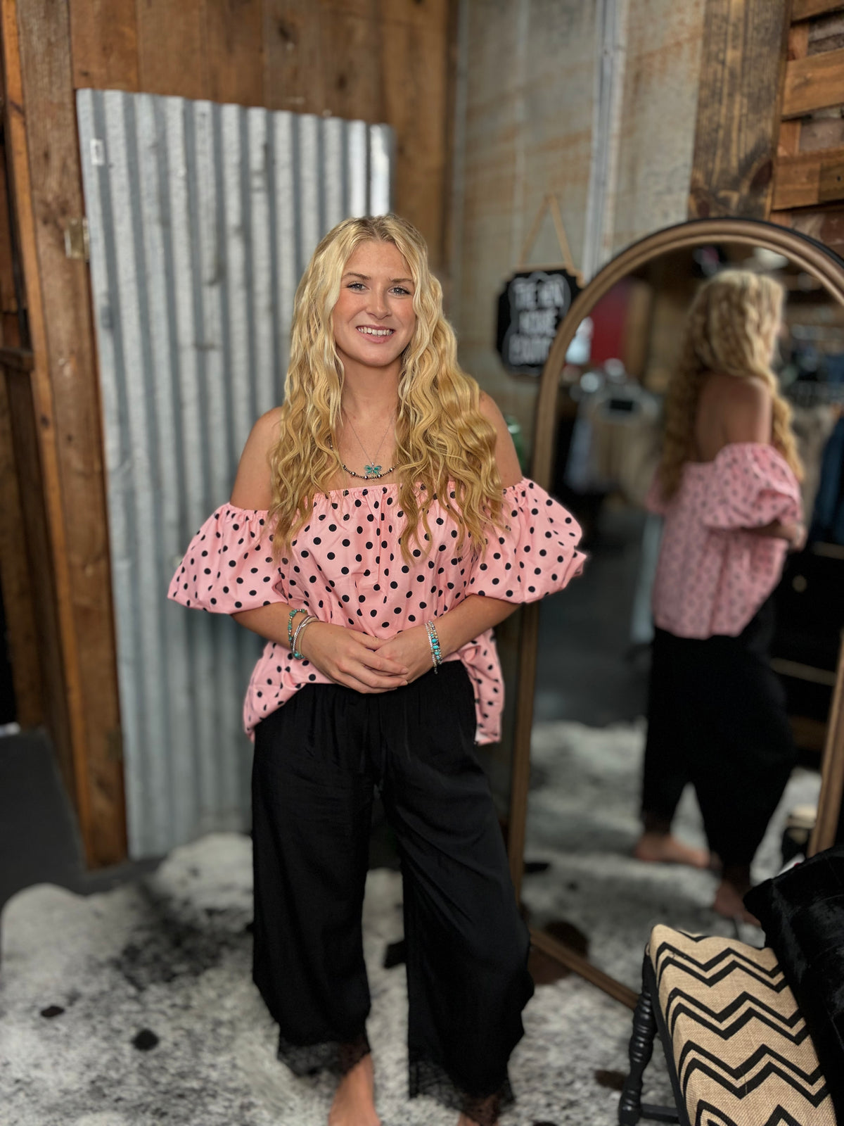 Off Shoulder Pink and Black Polka Dot Top