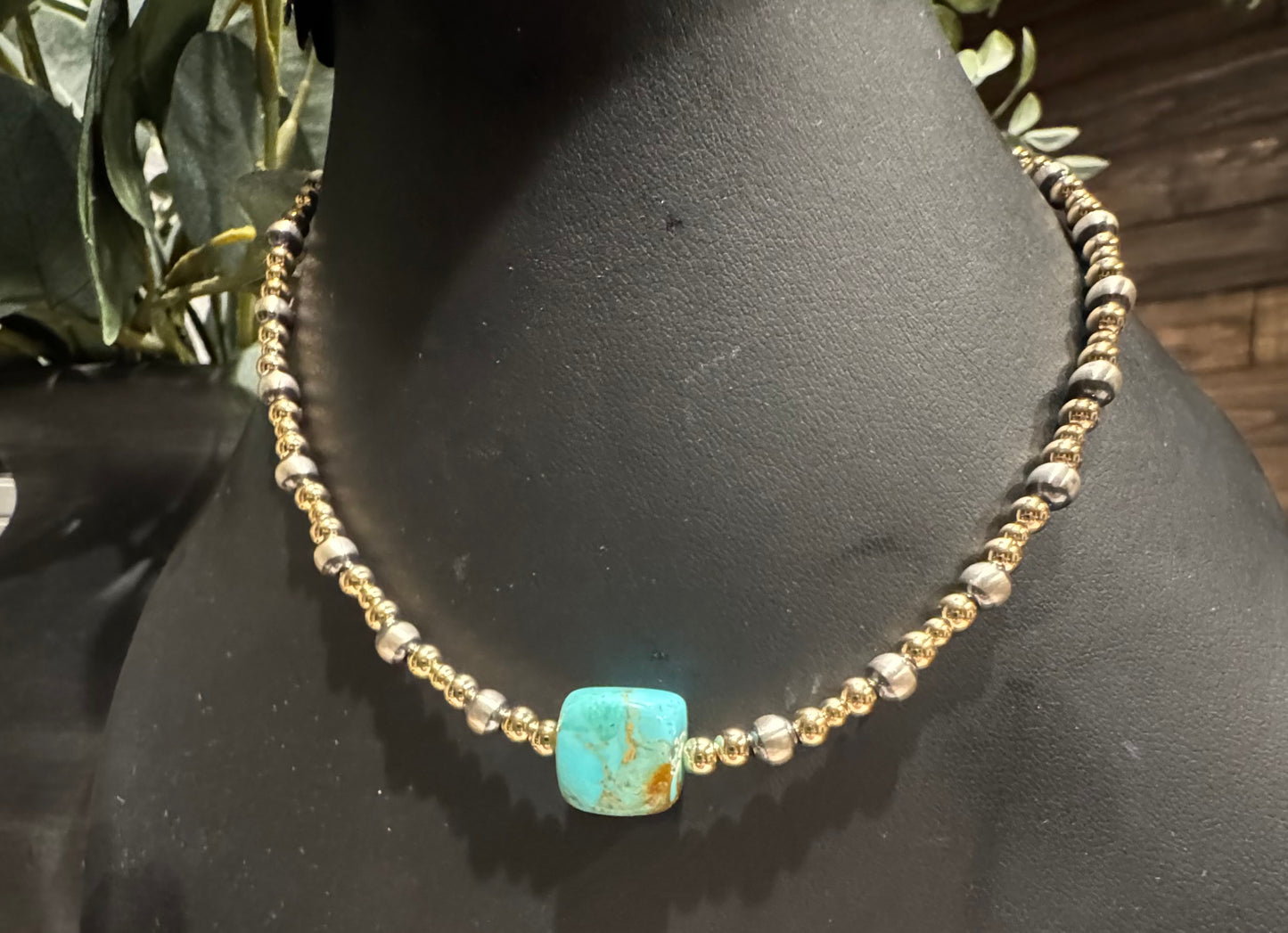 Choker - Turquoise Stone w/ Gold-Filled Beads and Sterling Silver Pearls