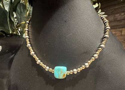Choker - Turquoise Stone w/ Gold-Filled Beads and Sterling Silver Pearls