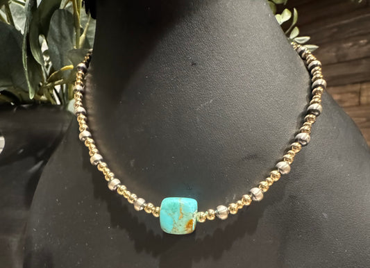 Choker - Turquoise Stone w/ Gold-Filled Beads and Sterling Silver Pearls