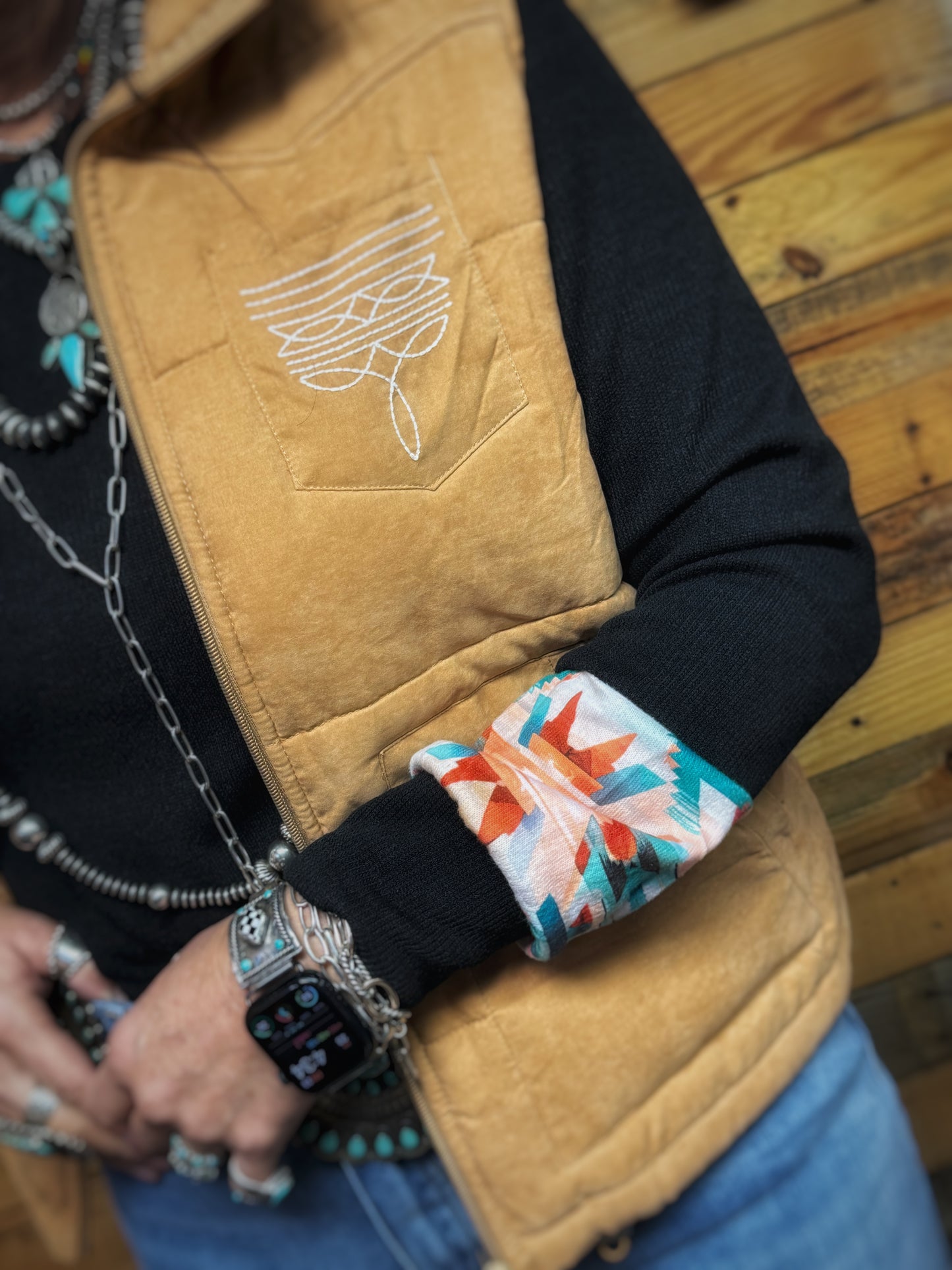 Ribbed Black Long Sleeve w/ Aztec Pocket