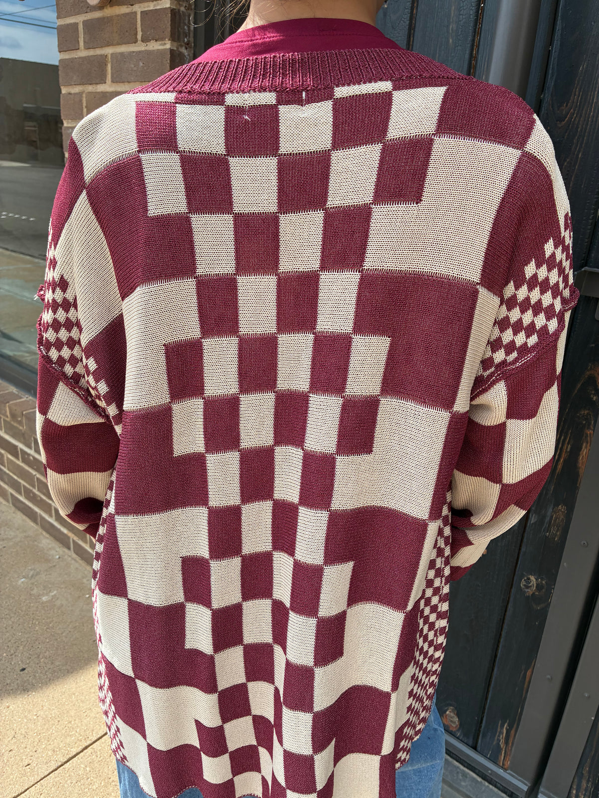 Maroon Checkered Cardigan