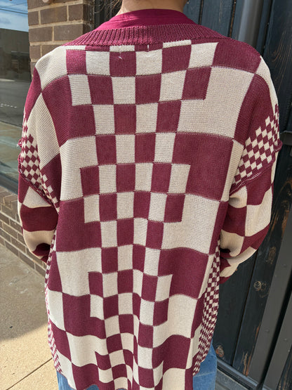Maroon Checkered Cardigan