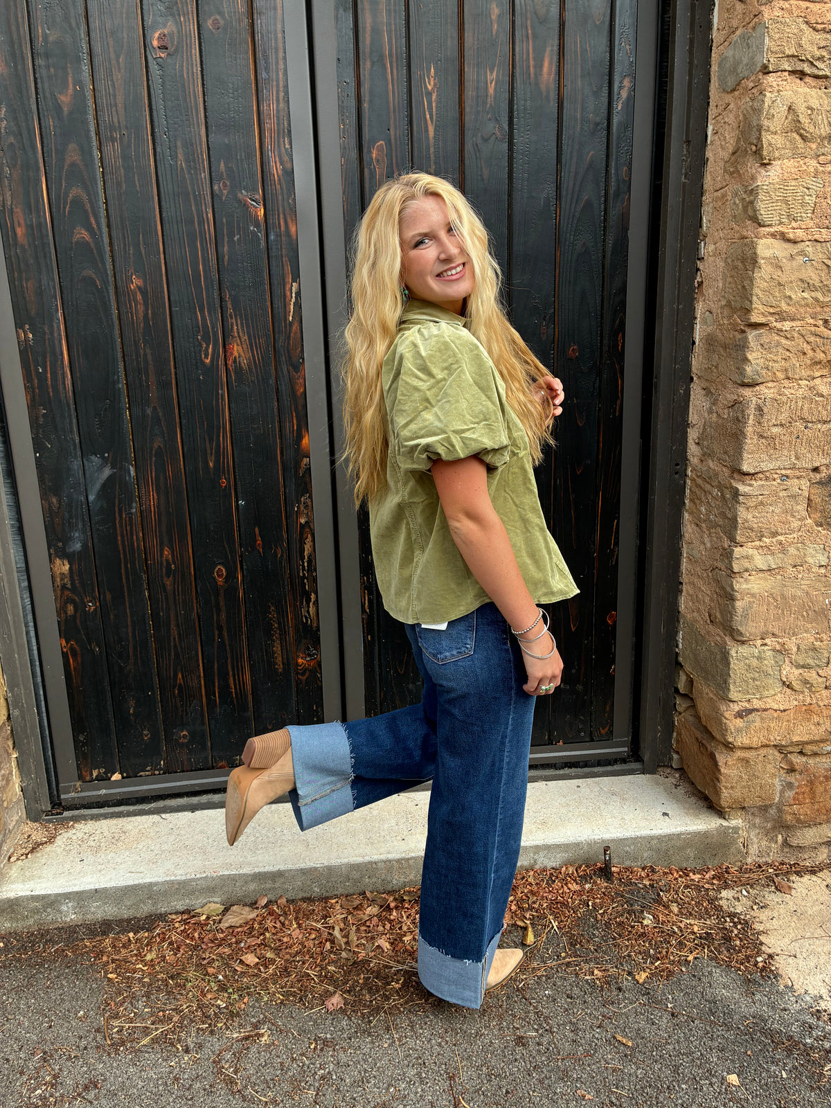 Green Tea Puff Sleeve Blouse