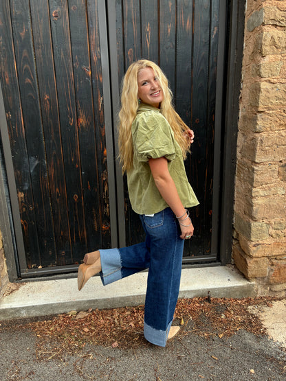 Green Tea Puff Sleeve Blouse