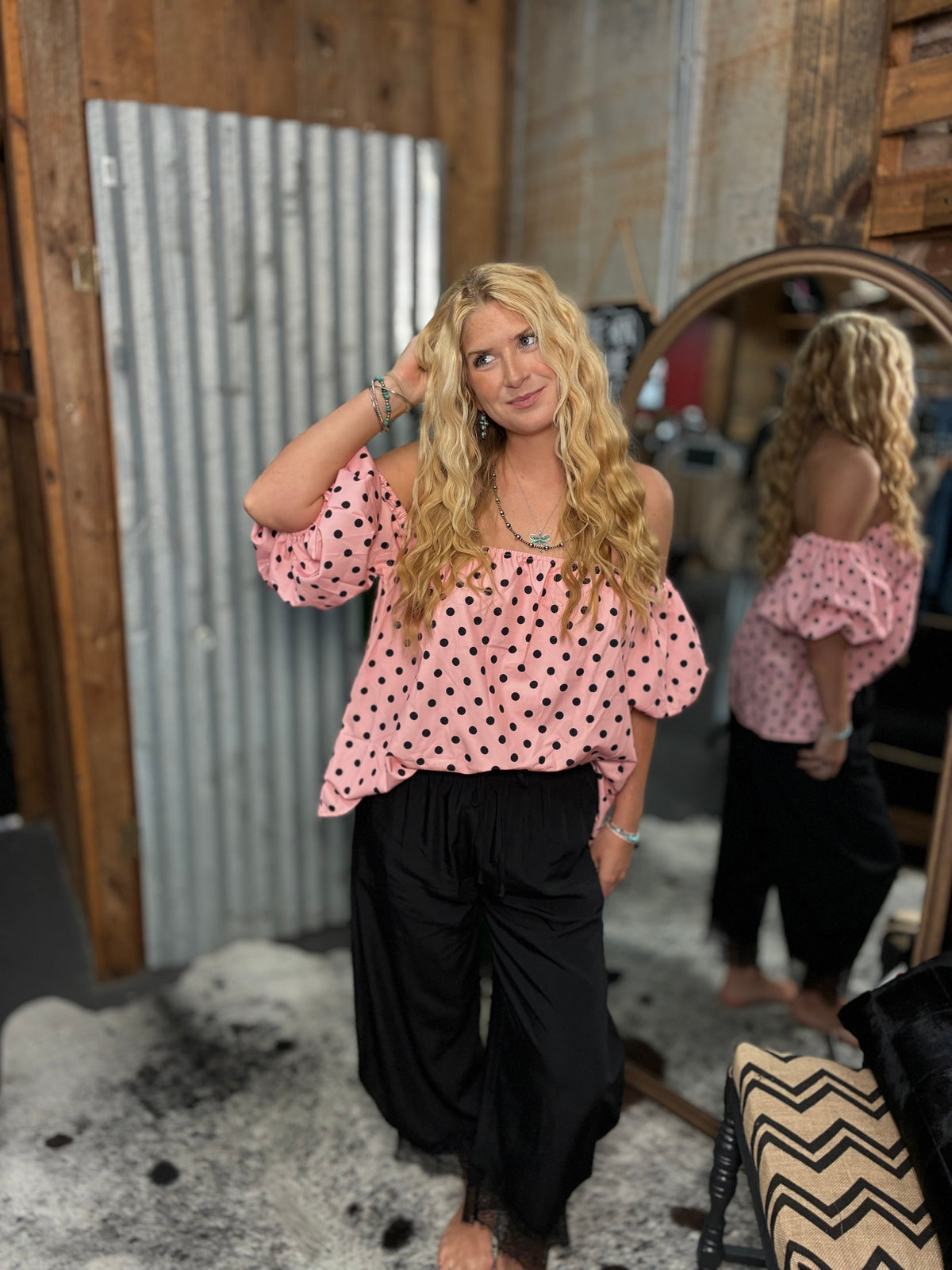 Off Shoulder Pink and Black Polka Dot Top
