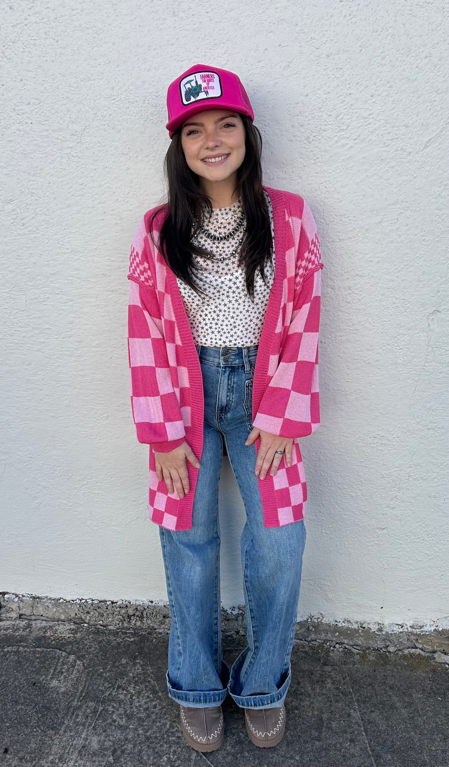 Pink Checkered Cardigan