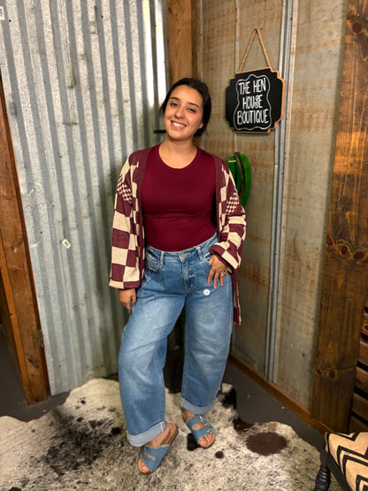 Maroon Checkered Cardigan