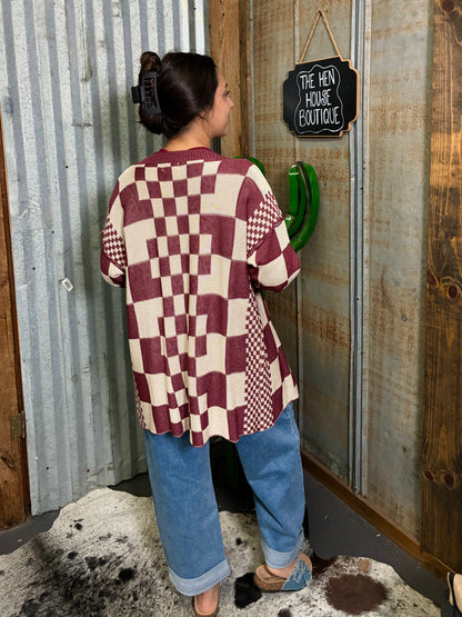 Maroon Checkered Cardigan