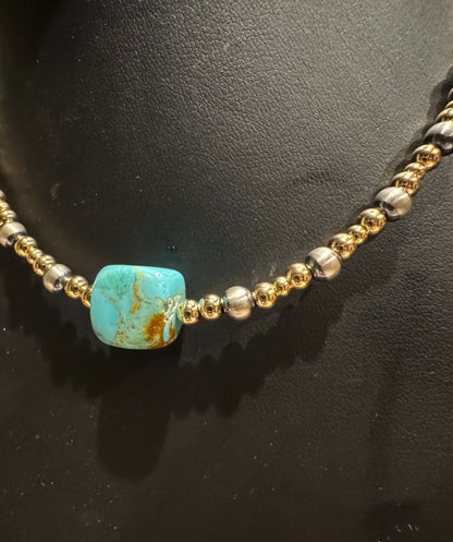 Choker - Turquoise Stone w/ Gold-Filled Beads and Sterling Silver Pearls
