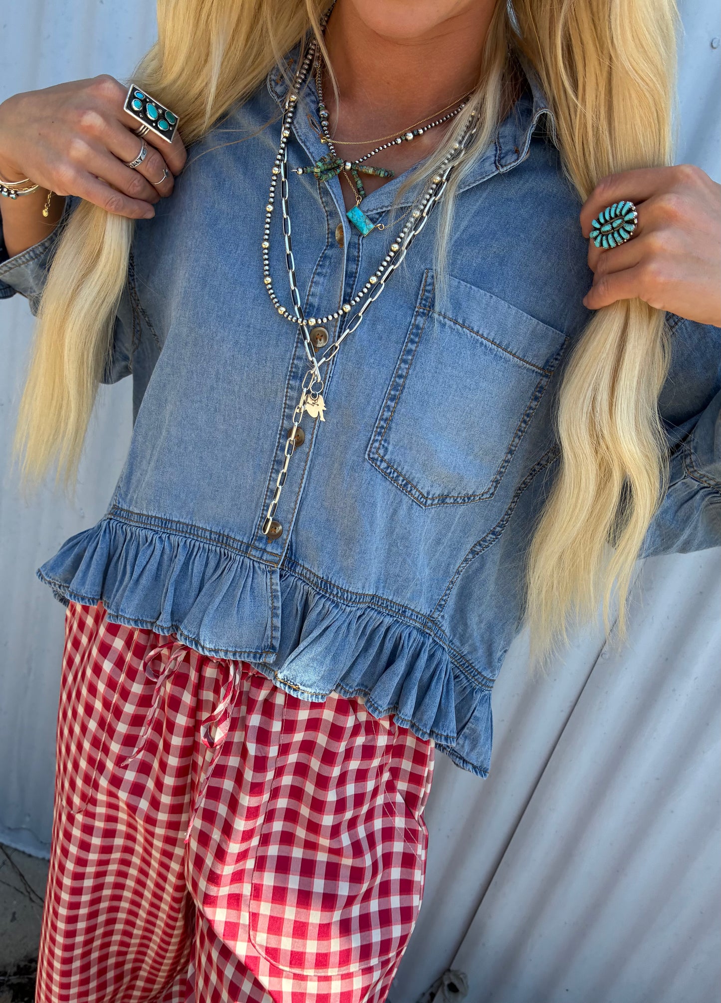 Ruffled Hem Denim Top