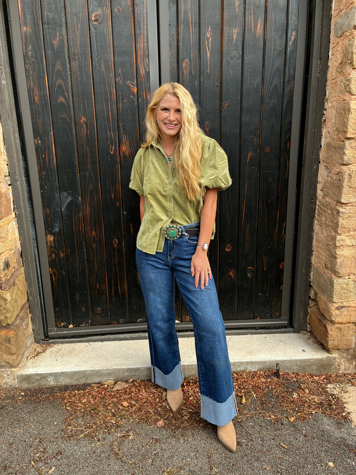 Green Tea Puff Sleeve Blouse