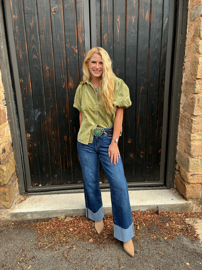 Green Tea Puff Sleeve Blouse