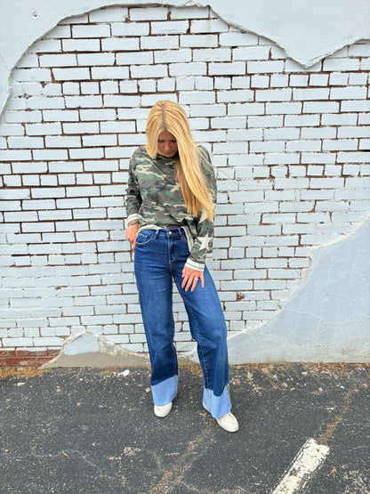 High Rise Cuff Wide Leg Jeans
