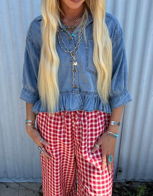 Ruffled Hem Denim Top