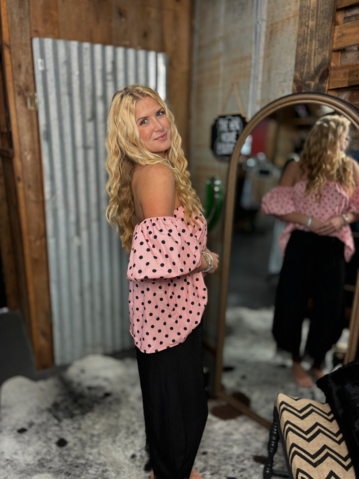 Off Shoulder Pink and Black Polka Dot Top