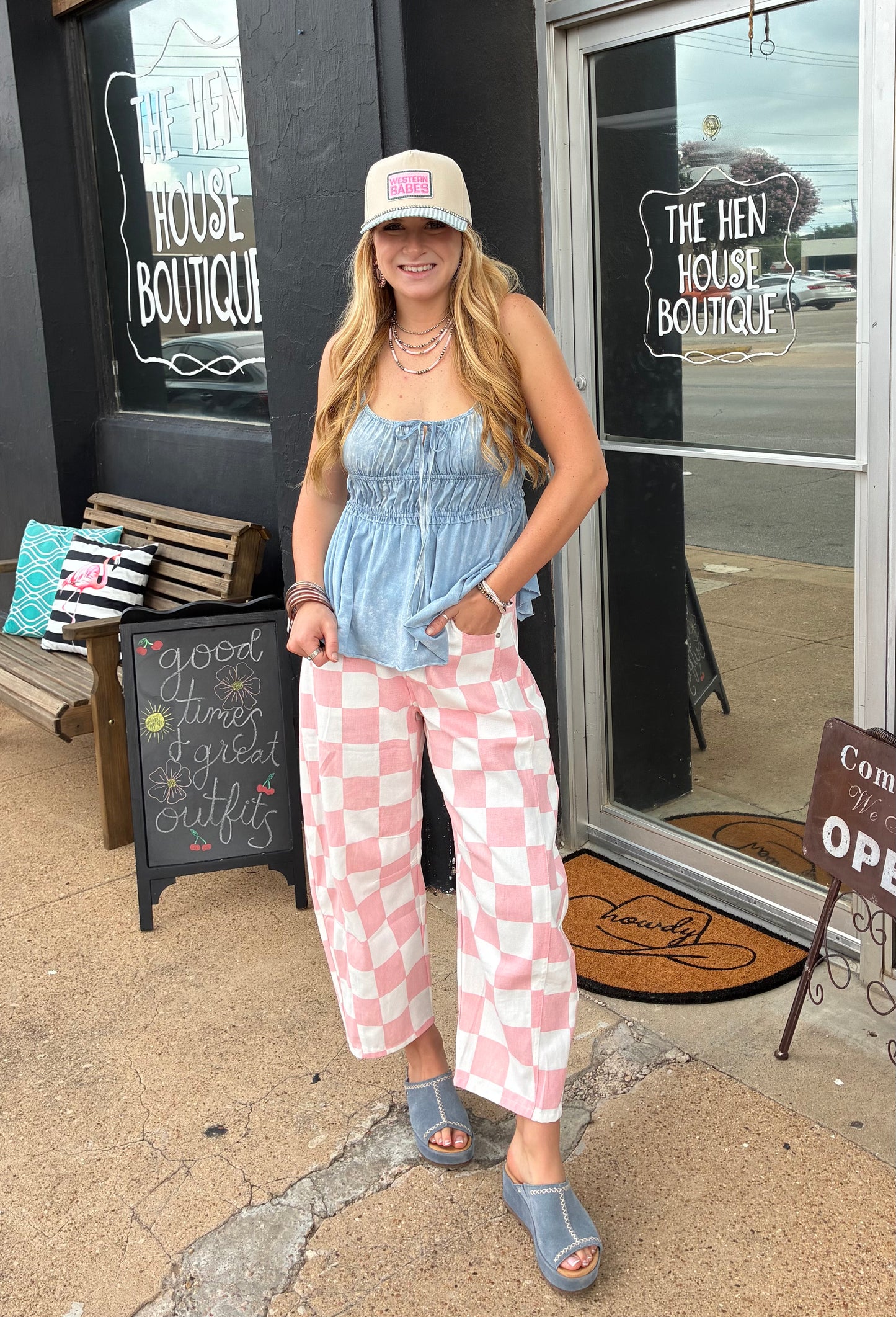 Pink and White Checkered Barrel Jeans