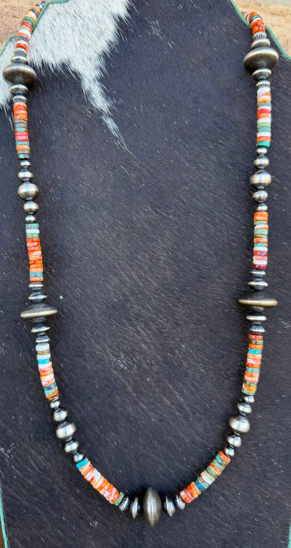 Necklace - 26” - 5/7/10mm & 7.5/8/15mm Rondell - Spiny Oyster & Turquoise