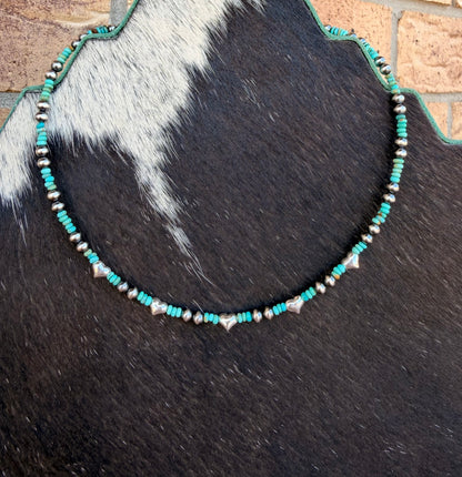 Choker - 4mm + 6mm Sterling Silver Hearts & Kingman Turquoise