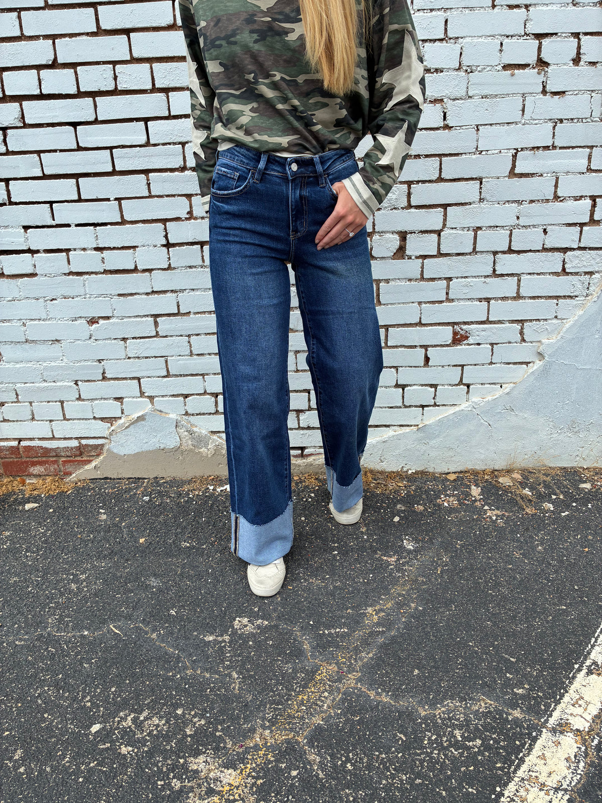 High Rise Cuff Wide Leg Jeans