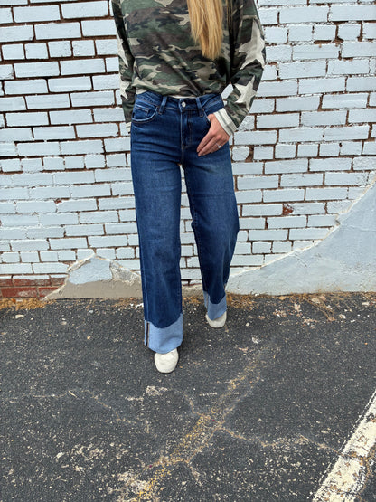 High Rise Cuff Wide Leg Jeans