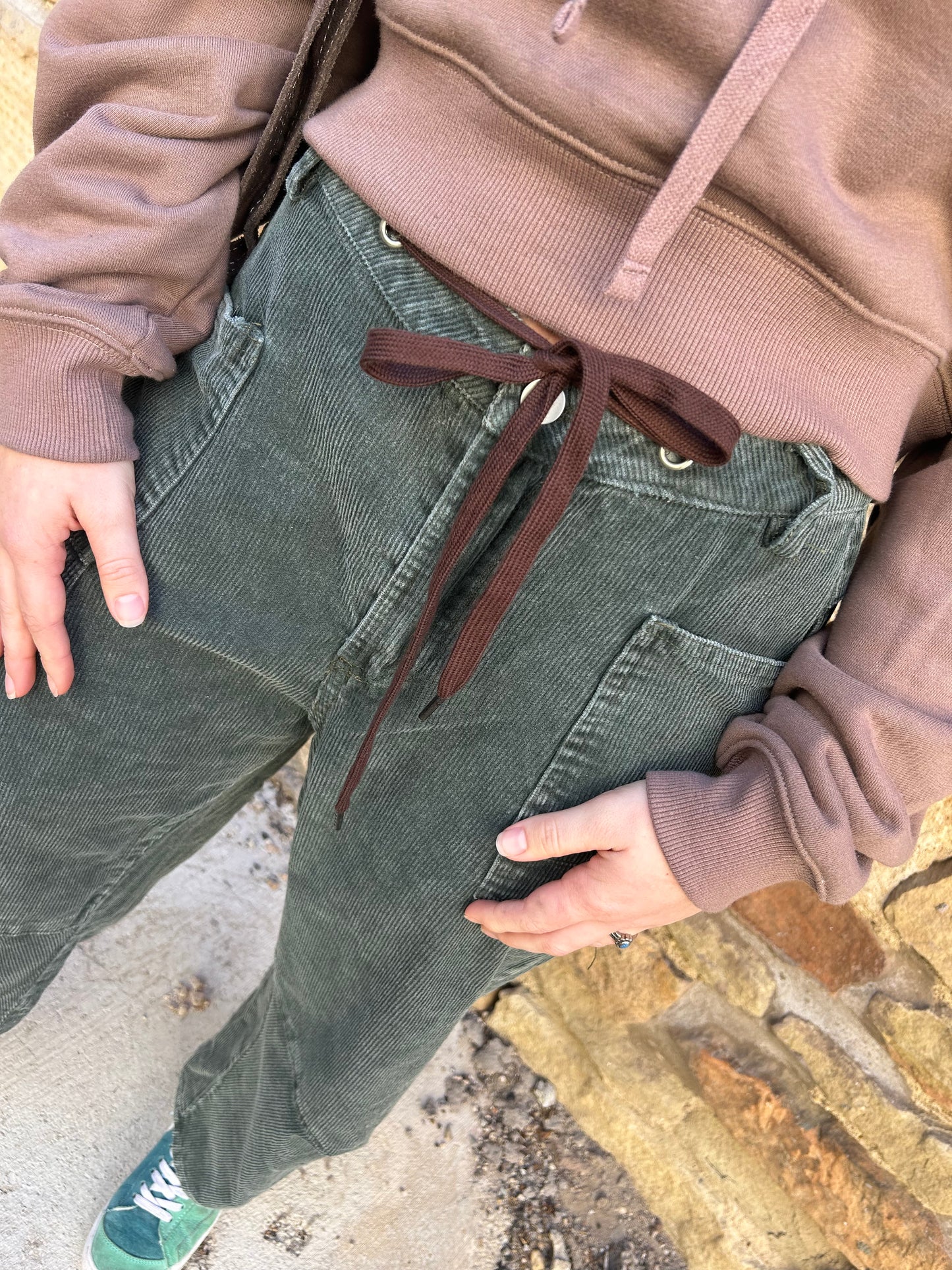 Green Corduroy Barrel Jeans