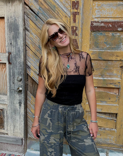 Short Sleeve Floral Mesh Top