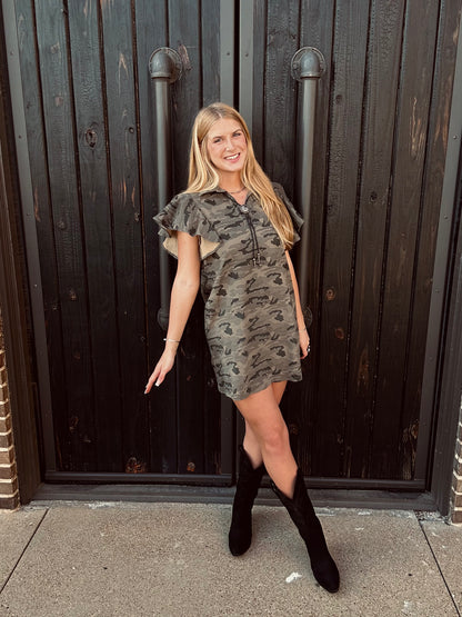 Camo Ruffle Denim Dress