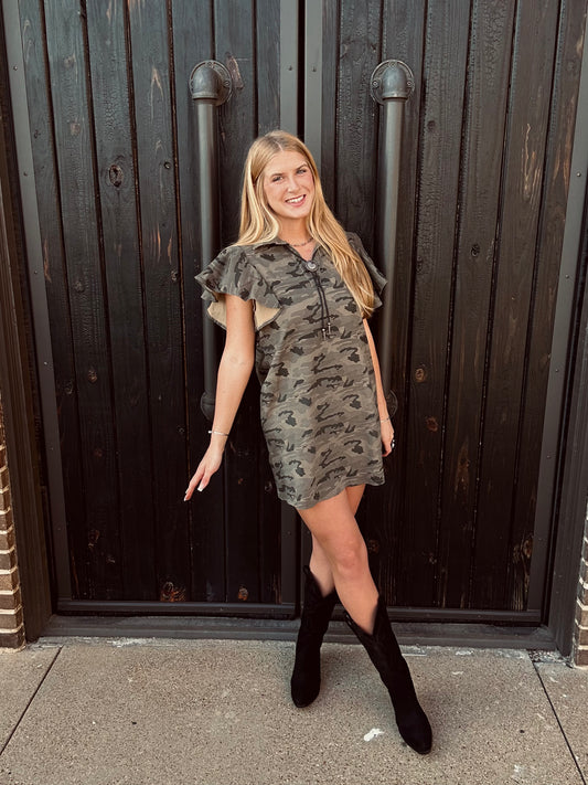 Camo Ruffle Denim Dress