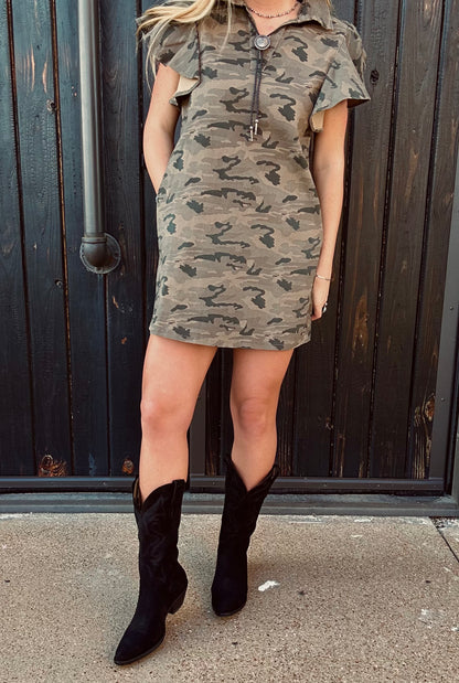 Camo Ruffle Denim Dress