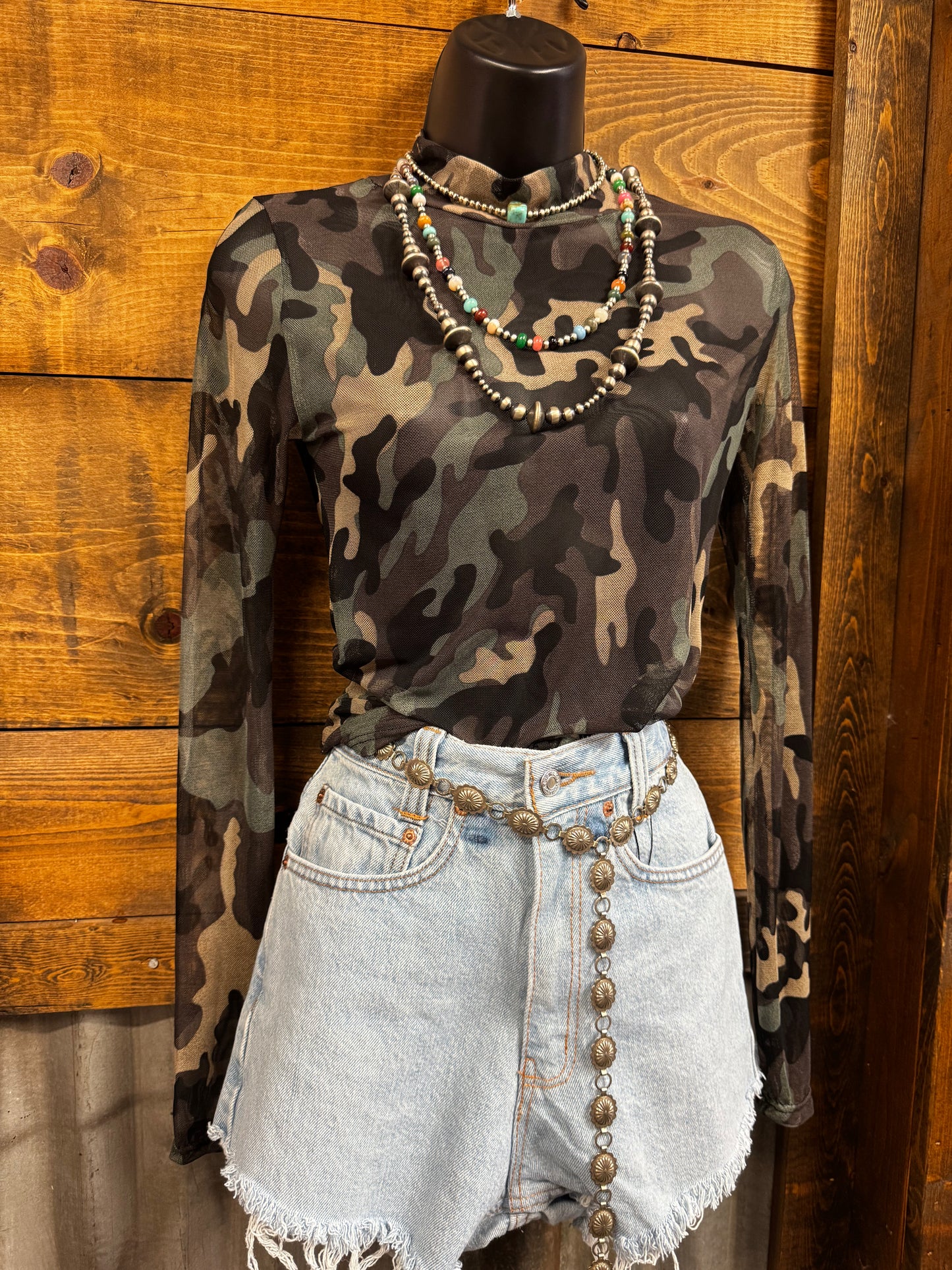 Camouflage Long Sleeve Mesh Top