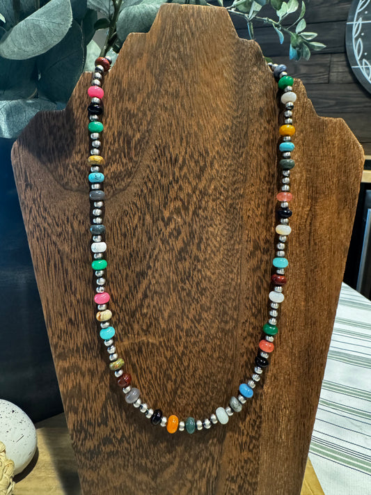 Necklace- 22" Multi Stone/Sterling Silver Pearls