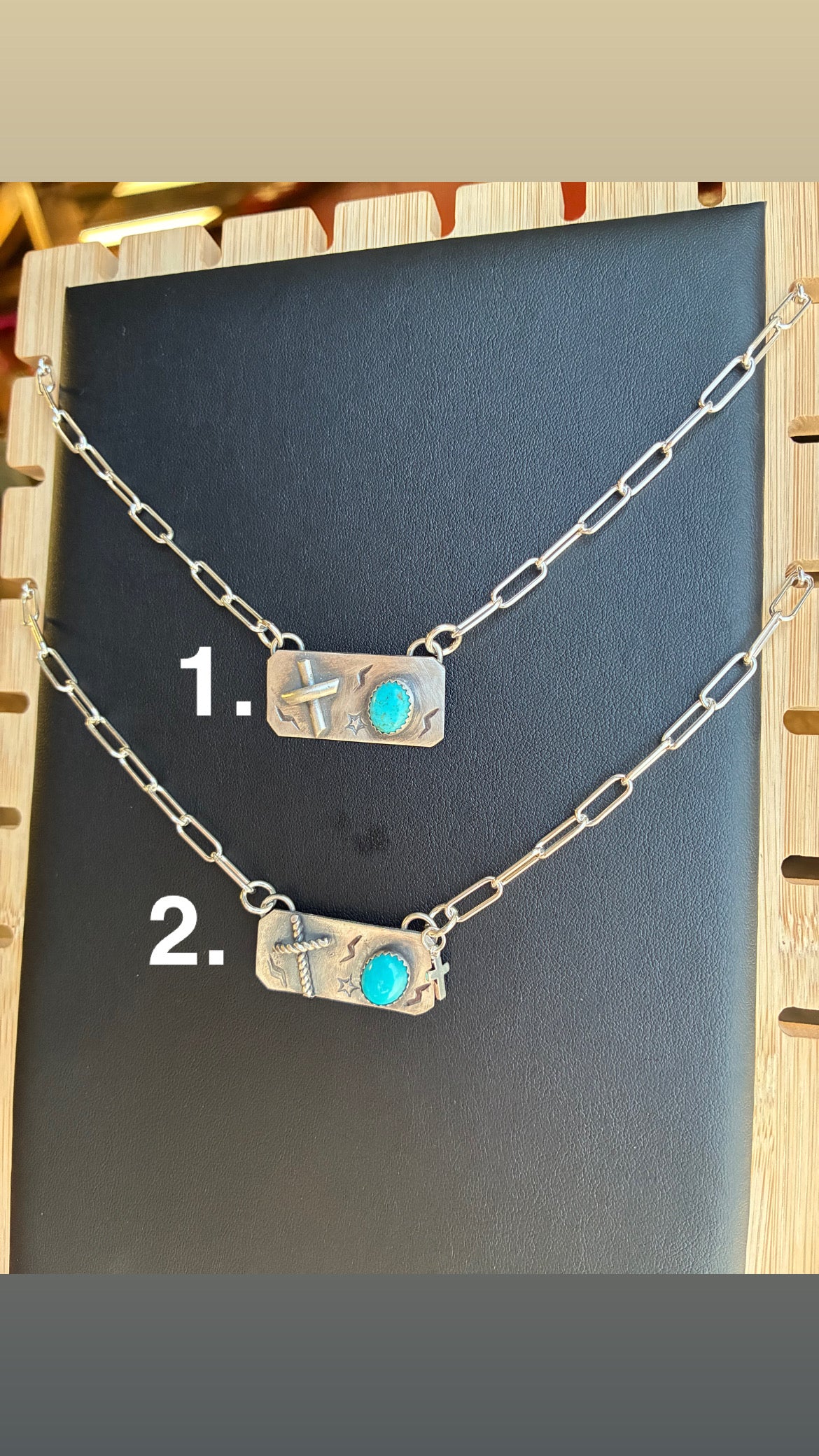 18" rectangle cross pendant with turquise stone.